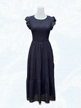 August Sky Black Puff Sleeve Midi Dress
